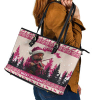 Croatia Christmas Leather Tote Bag Pine Marten Playing Violin - Dark Pink Color - Wonder Print Shop