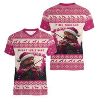 Croatia Christmas Women V-Neck T-Shirt Pine Marten Playing Violin - Dark Pink Color - Wonder Print Shop