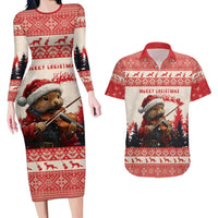 Croatia Christmas Couples Matching Long Sleeve Bodycon Dress and Hawaiian Shirt Pine Marten Playing Violin - Red Color - Wonder Print Shop