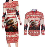 Croatia Christmas Couples Matching Long Sleeve Bodycon Dress and Long Sleeve Button Shirt Pine Marten Playing Violin - Red Color - Wonder Print Shop