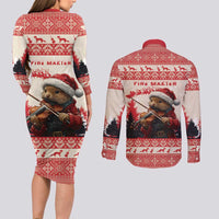Croatia Christmas Couples Matching Long Sleeve Bodycon Dress and Long Sleeve Button Shirt Pine Marten Playing Violin - Red Color - Wonder Print Shop