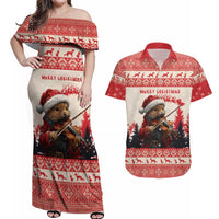 Croatia Christmas Couples Matching Off Shoulder Maxi Dress and Hawaiian Shirt Pine Marten Playing Violin - Red Color - Wonder Print Shop