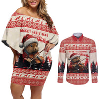 Croatia Christmas Couples Matching Off Shoulder Short Dress and Long Sleeve Button Shirt Pine Marten Playing Violin - Red Color - Wonder Print Shop