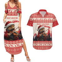 Croatia Christmas Couples Matching Summer Maxi Dress and Hawaiian Shirt Pine Marten Playing Violin - Red Color - Wonder Print Shop