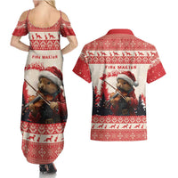 Croatia Christmas Couples Matching Summer Maxi Dress and Hawaiian Shirt Pine Marten Playing Violin - Red Color - Wonder Print Shop