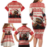 Croatia Christmas Family Matching Long Sleeve Bodycon Dress and Hawaiian Shirt Pine Marten Playing Violin - Red Color - Wonder Print Shop