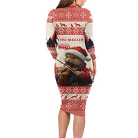 Croatia Christmas Family Matching Long Sleeve Bodycon Dress and Hawaiian Shirt Pine Marten Playing Violin - Red Color - Wonder Print Shop