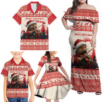 Croatia Christmas Family Matching Off Shoulder Maxi Dress and Hawaiian Shirt Pine Marten Playing Violin - Red Color - Wonder Print Shop