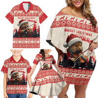Croatia Christmas Family Matching Off Shoulder Short Dress and Hawaiian Shirt Pine Marten Playing Violin - Red Color - Wonder Print Shop