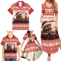 Croatia Christmas Family Matching Summer Maxi Dress and Hawaiian Shirt Pine Marten Playing Violin - Red Color - Wonder Print Shop