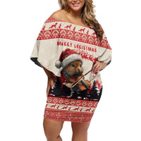 Croatia Christmas Off Shoulder Short Dress Pine Marten Playing Violin - Red Color - Wonder Print Shop