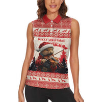 Croatia Christmas Women Sleeveless Polo Shirt Pine Marten Playing Violin - Red Color - Wonder Print Shop