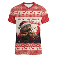 Croatia Christmas Women V-Neck T-Shirt Pine Marten Playing Violin - Red Color - Wonder Print Shop