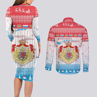 Luxembourg Christmas Couples Matching Long Sleeve Bodycon Dress and Long Sleeve Button Shirt Coat Of Arms Schei Chreschtdeeg - Wonder Print Shop