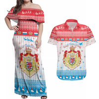 Luxembourg Christmas Couples Matching Off Shoulder Maxi Dress and Hawaiian Shirt Coat Of Arms Schei Chreschtdeeg - Wonder Print Shop