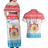 Luxembourg Christmas Couples Matching Off Shoulder Maxi Dress and Hawaiian Shirt Coat Of Arms Schei Chreschtdeeg - Wonder Print Shop