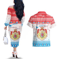 Luxembourg Christmas Couples Matching Off The Shoulder Long Sleeve Dress and Hawaiian Shirt Coat Of Arms Schei Chreschtdeeg - Wonder Print Shop