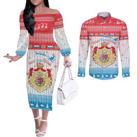 Luxembourg Christmas Couples Matching Off The Shoulder Long Sleeve Dress and Long Sleeve Button Shirt Coat Of Arms Schei Chreschtdeeg