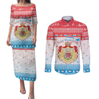 Luxembourg Christmas Couples Matching Puletasi and Long Sleeve Button Shirt Coat Of Arms Schei Chreschtdeeg - Wonder Print Shop