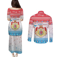 Luxembourg Christmas Couples Matching Puletasi and Long Sleeve Button Shirt Coat Of Arms Schei Chreschtdeeg - Wonder Print Shop
