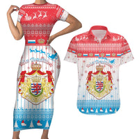 Luxembourg Christmas Couples Matching Short Sleeve Bodycon Dress and Hawaiian Shirt Coat Of Arms Schei Chreschtdeeg - Wonder Print Shop