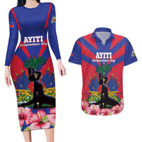 Personalised Haiti Independence Day Couples Matching Long Sleeve Bodycon Dress and Hawaiian Shirt Neg Marron Flag Map - Wonder Print Shop