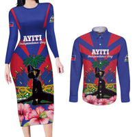 Personalised Haiti Independence Day Couples Matching Long Sleeve Bodycon Dress and Long Sleeve Button Shirt Neg Marron Flag Map - Wonder Print Shop