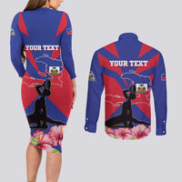Personalised Haiti Independence Day Couples Matching Long Sleeve Bodycon Dress and Long Sleeve Button Shirt Neg Marron Flag Map - Wonder Print Shop