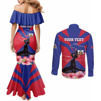 Personalised Haiti Independence Day Couples Matching Mermaid Dress and Long Sleeve Button Shirt Neg Marron Flag Map