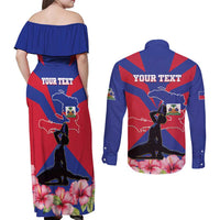 Personalised Haiti Independence Day Couples Matching Off Shoulder Maxi Dress and Long Sleeve Button Shirt Neg Marron Flag Map - Wonder Print Shop