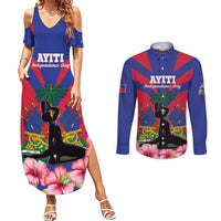 Personalised Haiti Independence Day Couples Matching Summer Maxi Dress and Long Sleeve Button Shirt Neg Marron Flag Map - Wonder Print Shop