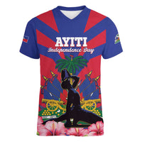 Personalised Haiti Independence Day Women V-Neck T-Shirt Neg Marron Flag Map - Wonder Print Shop