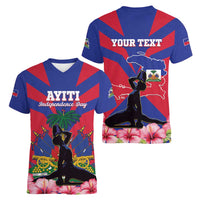 Personalised Haiti Independence Day Women V-Neck T-Shirt Neg Marron Flag Map - Wonder Print Shop