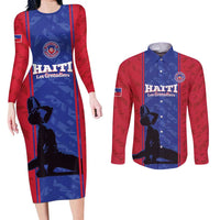 Custom Haiti Football Couples Matching Long Sleeve Bodycon Dress and Long Sleeve Button Shirt Go Les Grenadiers - Wonder Print Shop