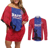 Custom Haiti Football Couples Matching Off Shoulder Short Dress and Long Sleeve Button Shirt Go Les Grenadiers - Wonder Print Shop