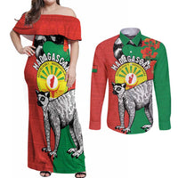 Happy Madagascar Independence Day Couples Matching Off Shoulder Maxi Dress and Long Sleeve Button Shirt Ring-Tailed Lemur With Seal Of Madagasikara