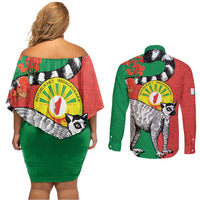 Happy Madagascar Independence Day Couples Matching Off Shoulder Short Dress and Long Sleeve Button Shirt Ring-Tailed Lemur With Seal Of Madagasikara