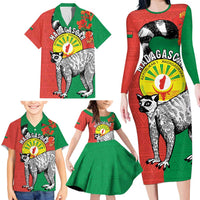 Happy Madagascar Independence Day Family Matching Long Sleeve Bodycon Dress and Hawaiian Shirt Ring-Tailed Lemur With Seal Of Madagasikara