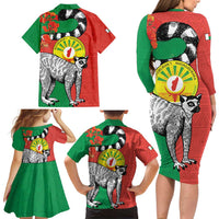 Happy Madagascar Independence Day Family Matching Long Sleeve Bodycon Dress and Hawaiian Shirt Ring-Tailed Lemur With Seal Of Madagasikara
