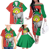 Happy Madagascar Independence Day Family Matching Off The Shoulder Long Sleeve Dress and Hawaiian Shirt Ring-Tailed Lemur With Seal Of Madagasikara