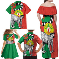 Happy Madagascar Independence Day Family Matching Off Shoulder Maxi Dress and Hawaiian Shirt Ring-Tailed Lemur With Seal Of Madagasikara