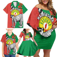 Happy Madagascar Independence Day Family Matching Off Shoulder Short Dress and Hawaiian Shirt Ring-Tailed Lemur With Seal Of Madagasikara