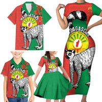 Happy Madagascar Independence Day Family Matching Short Sleeve Bodycon Dress and Hawaiian Shirt Ring-Tailed Lemur With Seal Of Madagasikara