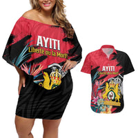 Personalised First Empire of Haiti Couples Matching Off Shoulder Short Dress and Hawaiian Shirt Haitian Coat Of Arms 1804-1806 Tropical Flowers