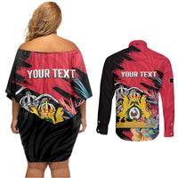 Personalised First Empire of Haiti Couples Matching Off Shoulder Short Dress and Long Sleeve Button Shirt Haitian Coat Of Arms 1804-1806 Tropical Flowers