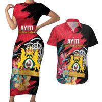 Personalised First Empire of Haiti Couples Matching Short Sleeve Bodycon Dress and Hawaiian Shirt Haitian Coat Of Arms 1804-1806 Tropical Flowers