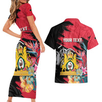 Personalised First Empire of Haiti Couples Matching Short Sleeve Bodycon Dress and Hawaiian Shirt Haitian Coat Of Arms 1804-1806 Tropical Flowers