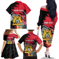 Personalised First Empire of Haiti Family Matching Off The Shoulder Long Sleeve Dress and Hawaiian Shirt Haitian Coat Of Arms 1804-1806 Tropical Flowers