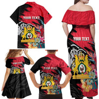 Personalised First Empire of Haiti Family Matching Off Shoulder Maxi Dress and Hawaiian Shirt Haitian Coat Of Arms 1804-1806 Tropical Flowers