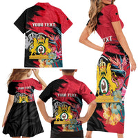 Personalised First Empire of Haiti Family Matching Short Sleeve Bodycon Dress and Hawaiian Shirt Haitian Coat Of Arms 1804-1806 Tropical Flowers